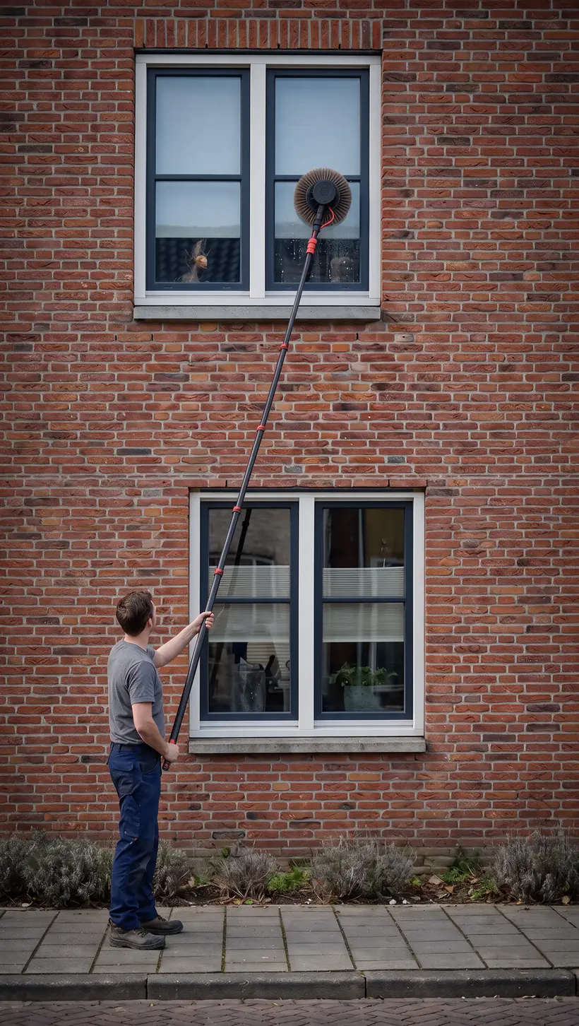 Waterbezem in gebruik: een raam op de eerste verdieping wordt vanaf de stoep gereinigd